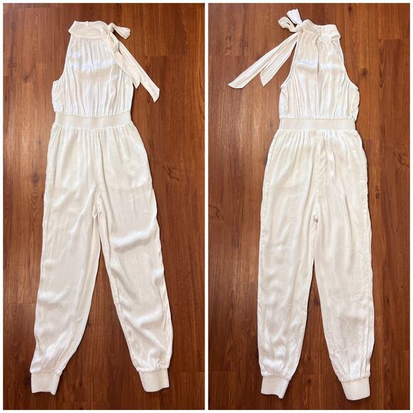 Cinq a Sept White Satin Halter Satin Jumpsuit Xs White Tie Neck Star Jacquard - Picture 3 of 10
